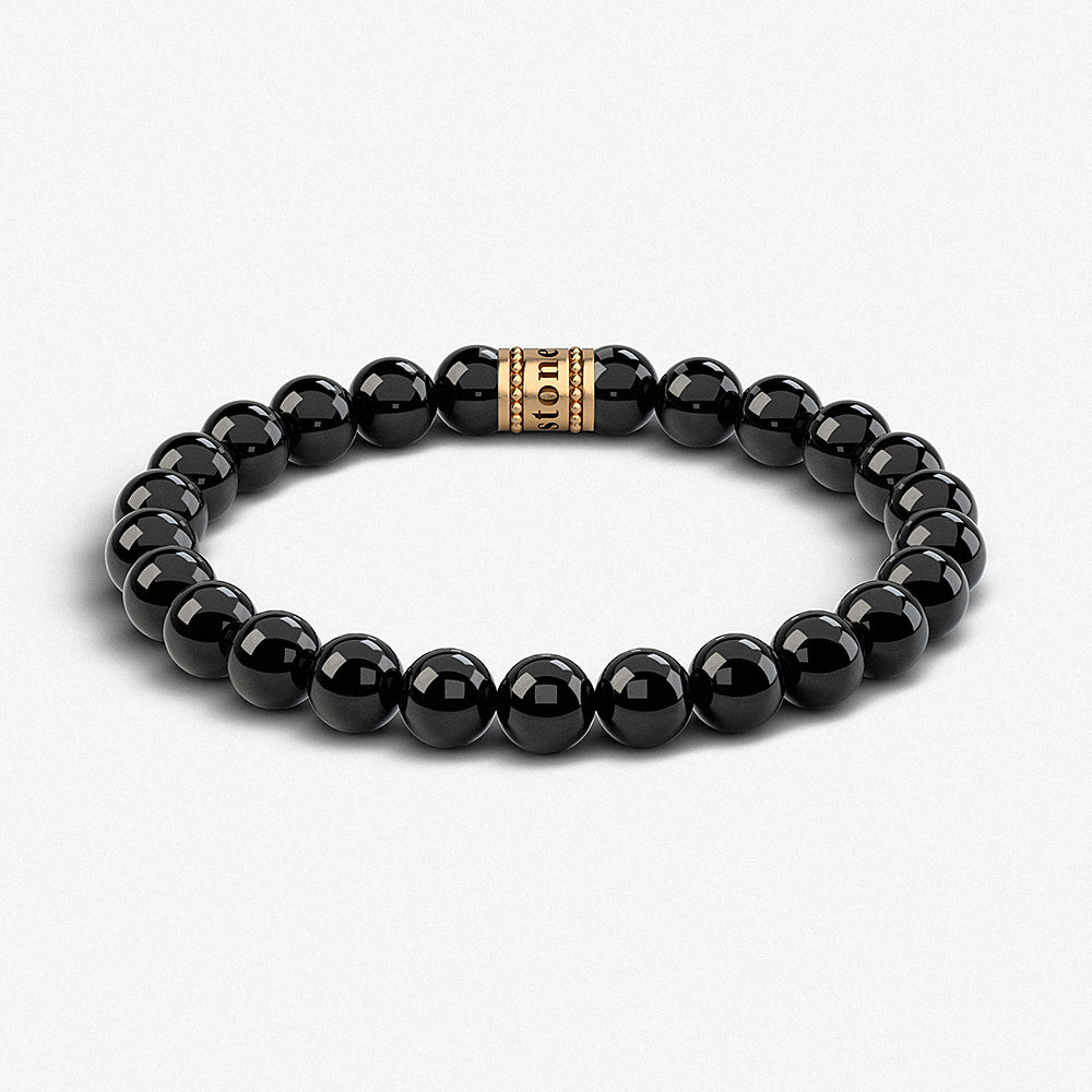 Gold Plated 925 Sterling Silver & Glossy Black Onyx Beaded Bracelet / Stone & May Fine Jewellery