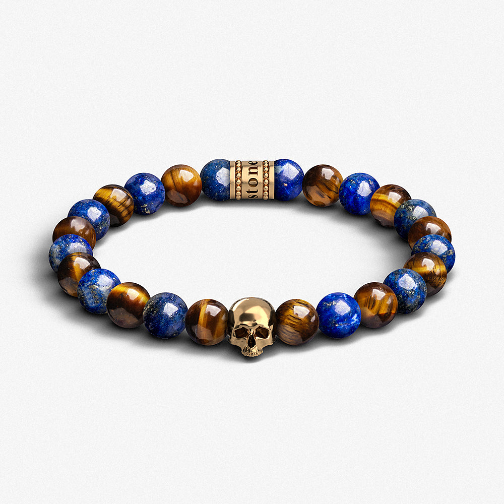 8mm Tiger's Eye, Lapis Lazuli & 925 Sterling Silver / Skull Beaded Bracelet
