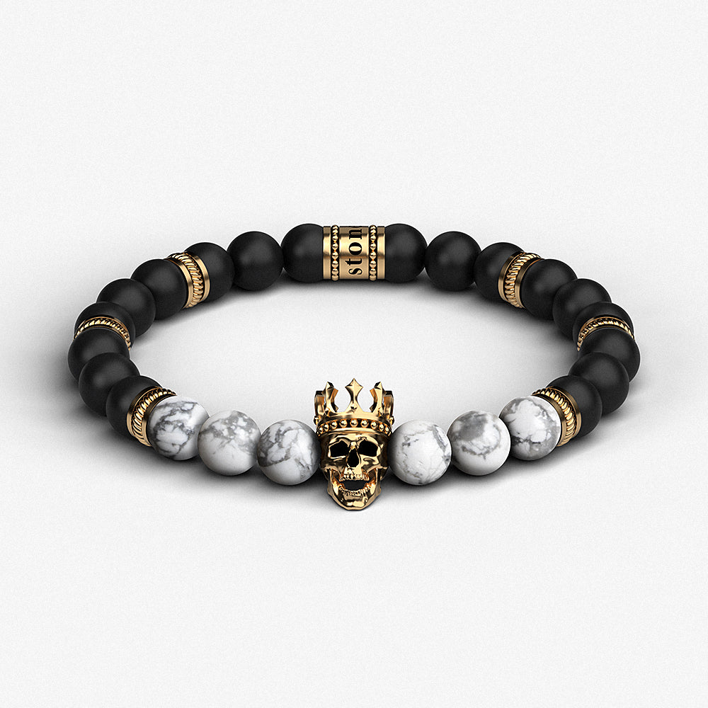 Matte Black Onyx, Howlite & 925 Sterling Silver / Bracelet "Long Live The King"