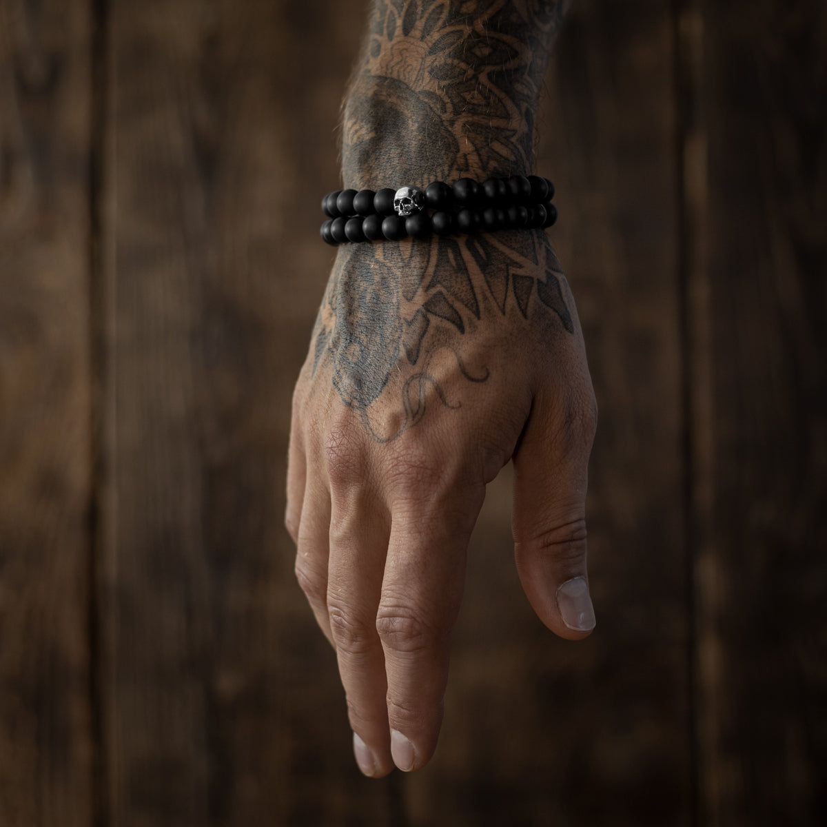 Beaded Bracelet Stack / Matte Black Onyx & Silver Skull