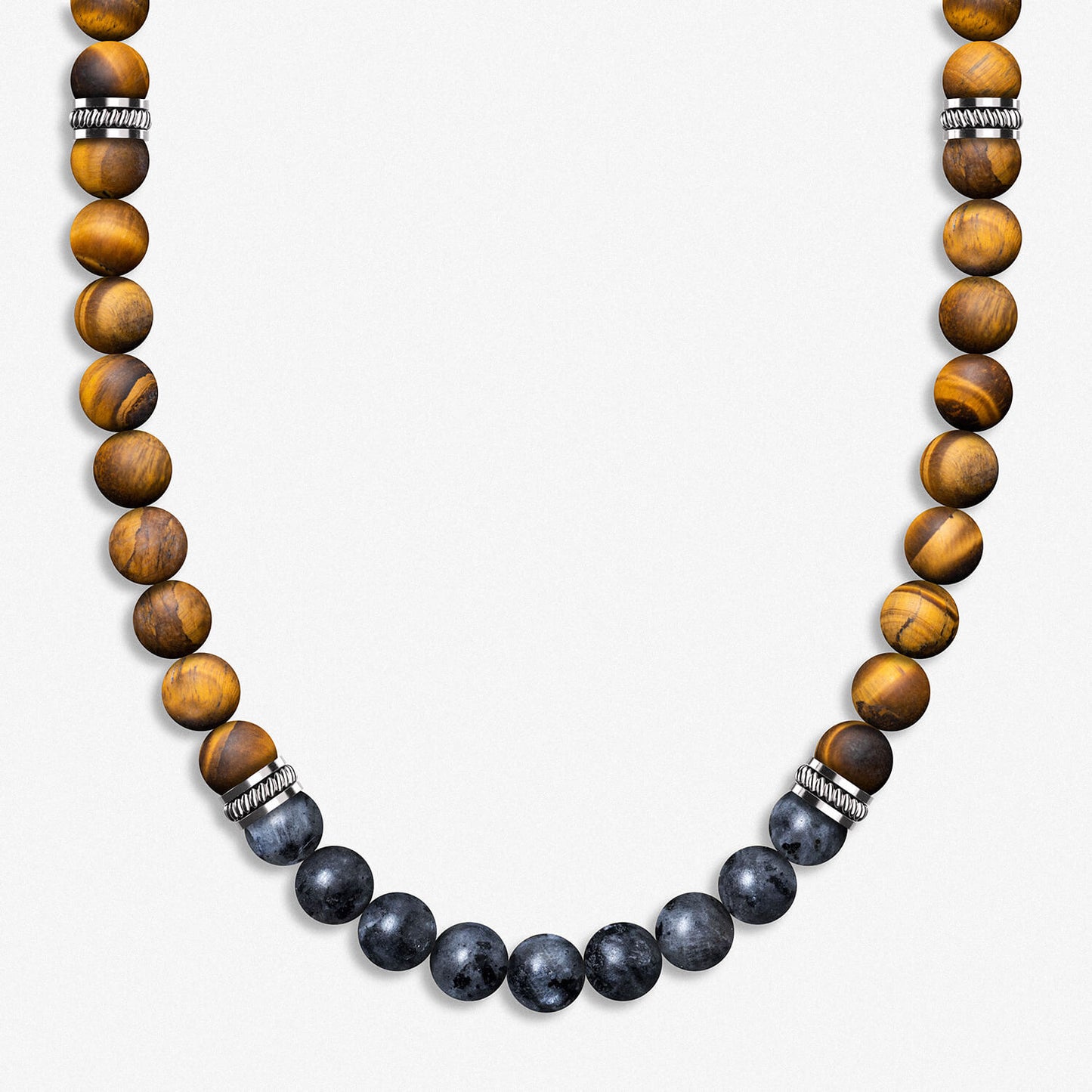Beaded Necklace / 925 Sterling Silver, Tiger's Eye & Larvikite