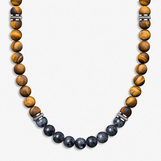 Beaded Necklace / 925 Sterling Silver, Tiger's Eye & Larvikite