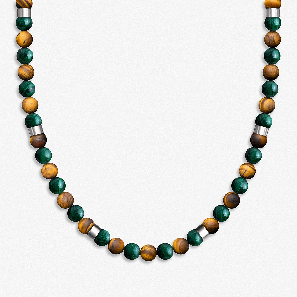 Beaded Necklace / 925 Sterling Silver, Tiger's Eye & Malachite