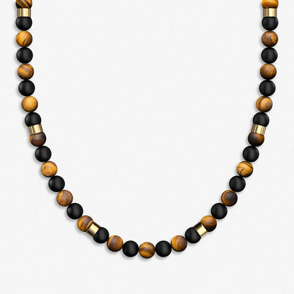 Beaded Necklace / 925 Sterling Silver, Matte Tiger's Eye & Onyx