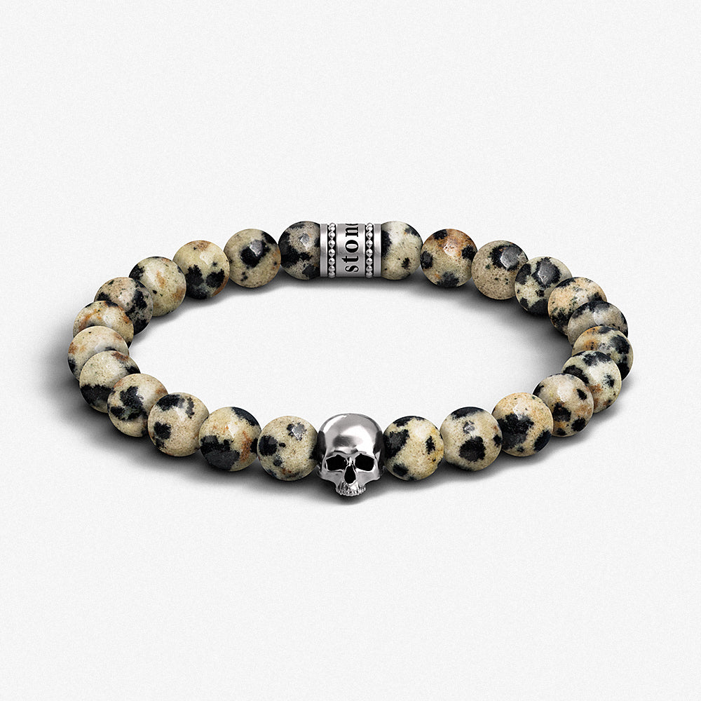8mm Dalmatian Jasper & 925 Sterling Silver / Skull Beaded Bracelet